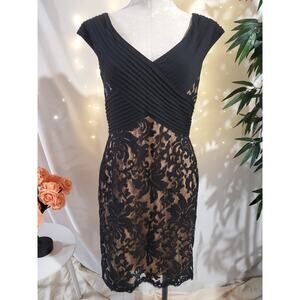 Tadashi Shoji Lace Pintuck Sheath Dress Womens Size 8 Black Nude Wedding Formal